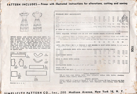 1940's Simplicity One Piece Dress Pattern with Ruffle Collar and Petal Collar - Bust 31" - No. 1926