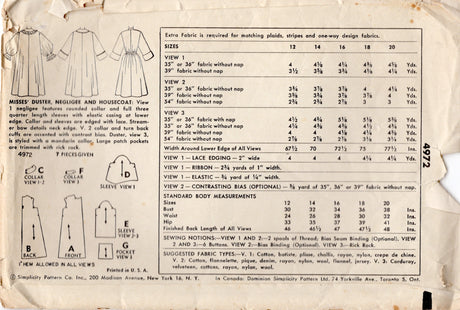 1950's Simplicity Duster, Negligee and Housecoat Pattern – Bust 30” - No. 4972