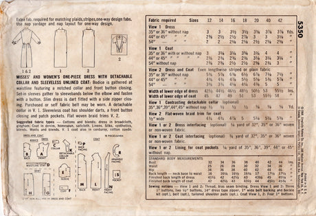 1960's Simplicity Sheath Dress and Sleeveless Unlined Coat pattern - Bust 40" - No.5350