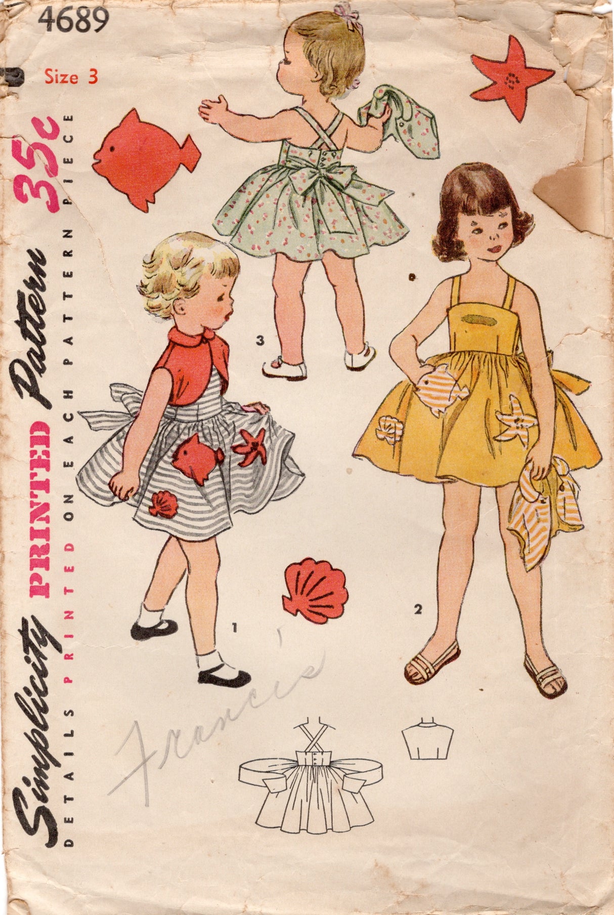 1950's Simplicity Child's Sun Dress and Bolero Pattern with Applique Pockets - Chest 22" - No. 4689