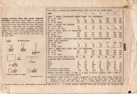 1950's Simplicity Child's Sun Dress and Bolero Pattern with Applique Pockets - Chest 22" - No. 4689