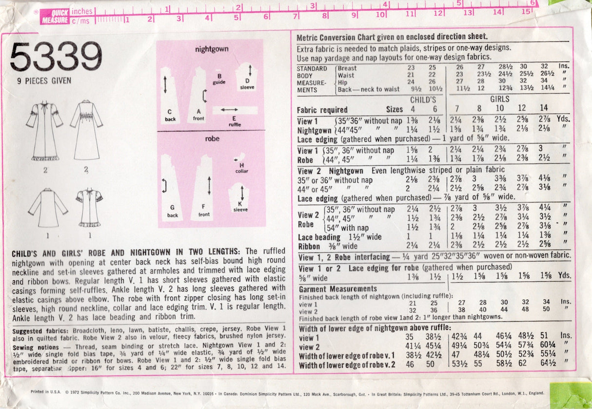 1970's Simplicity Child's Robe and Nightgown Pattern In Two Lengths - Chest 28.5" - No. 5339