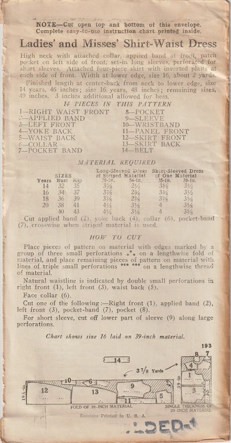 1930's New York Shirt-Waist Dress Pattern - Bust 32" & 38" - No. 193