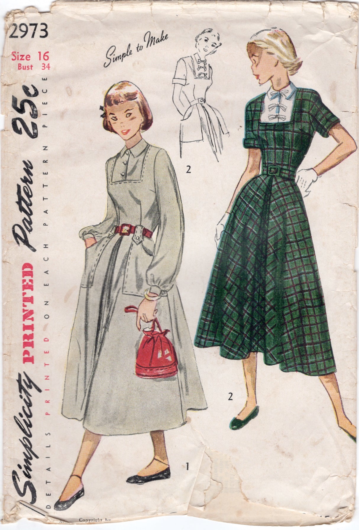 1940's Simplicity One Piece Dress Pattern with detachable Dickey - Bust 34" - No. 2973