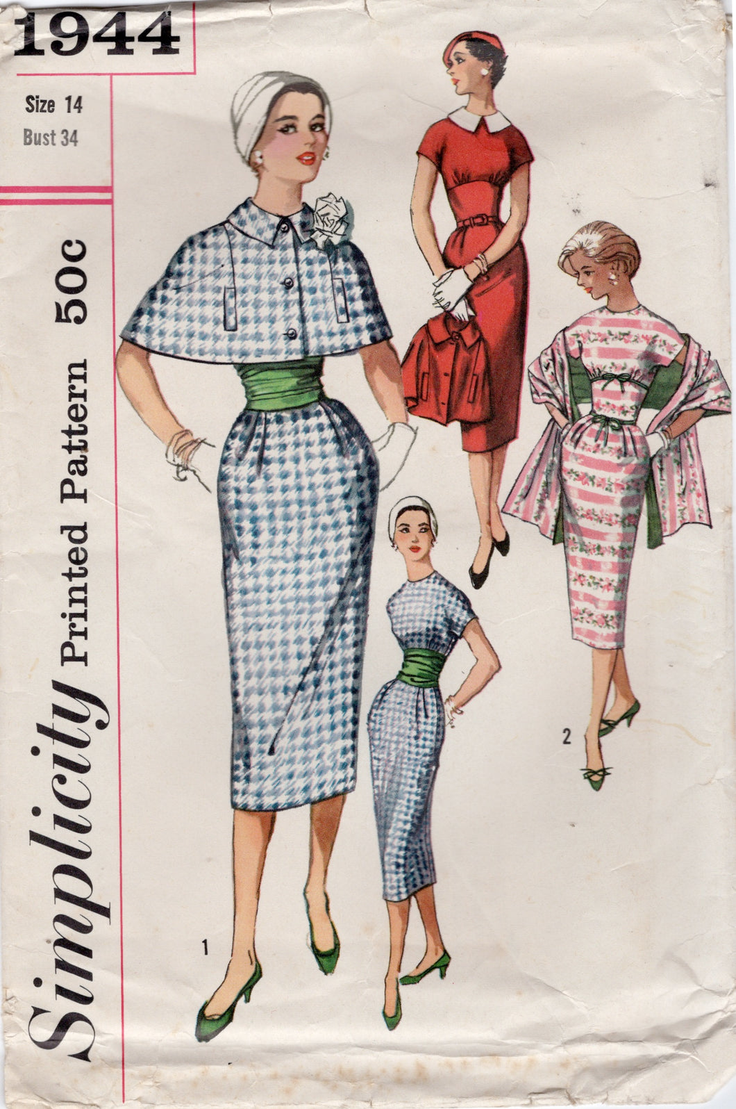 1950's Simplicity One-Piece Sheath Dress, Cape, Stole, Cummerbund and Detachable Collar Pattern - Bust 34