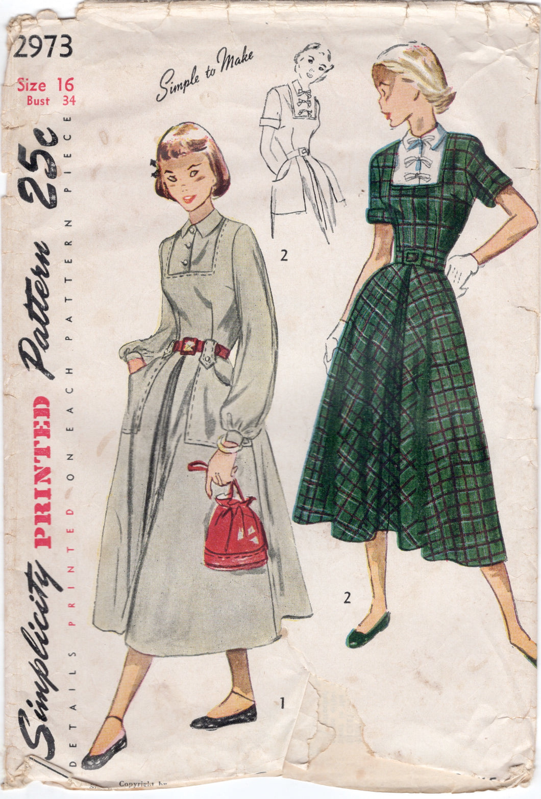 1940's Simplicity One Piece Dress Pattern with detachable Dickey - Bust 34