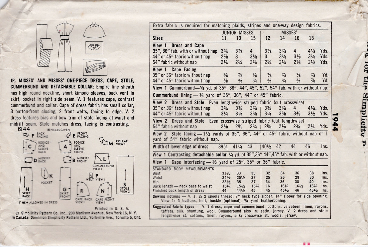 1950's Simplicity One-Piece Sheath Dress, Cape, Stole, Cummerbund and Detachable Collar Pattern - Bust 34" - No. 1944