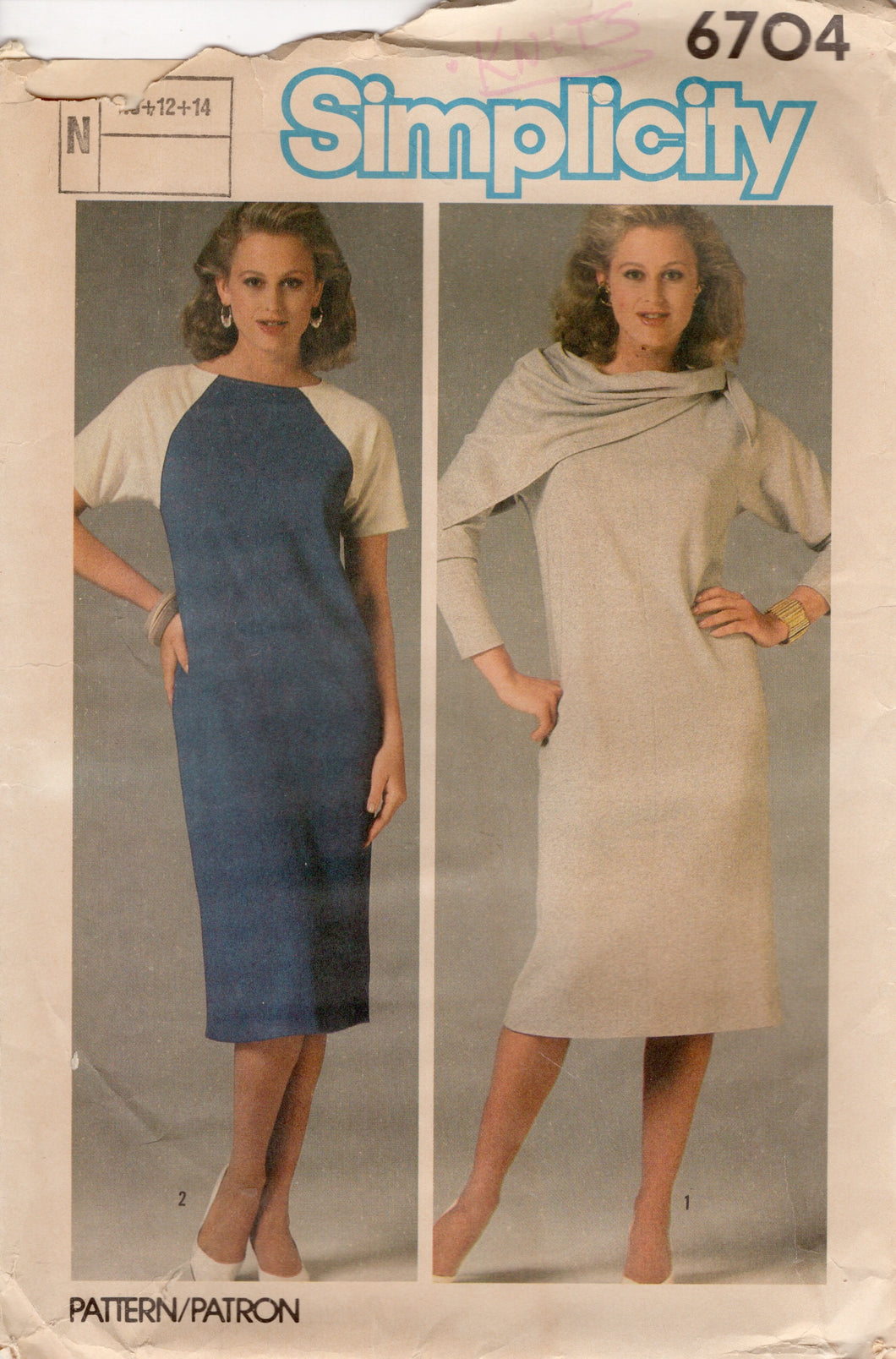 1980's Simplicity One Piece Dress pattern with Raglan Sleeves and Scarf - Bust 32.5-34