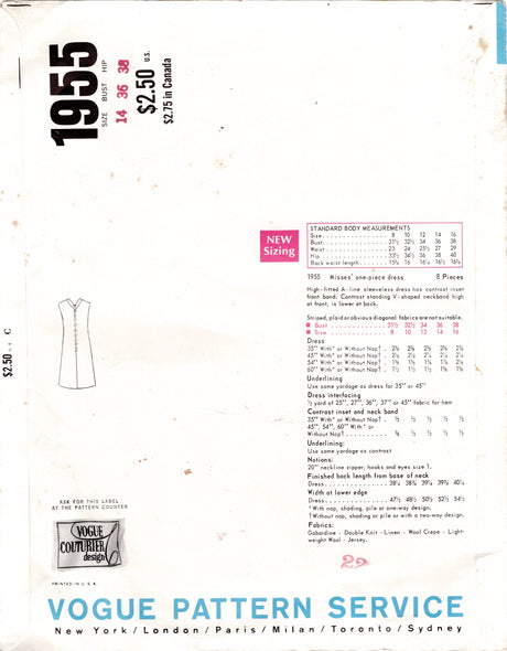 1960's Vogue Couturier Design by PUCCI - Yoked Dress Pattern - Bust 36" - No. 1955