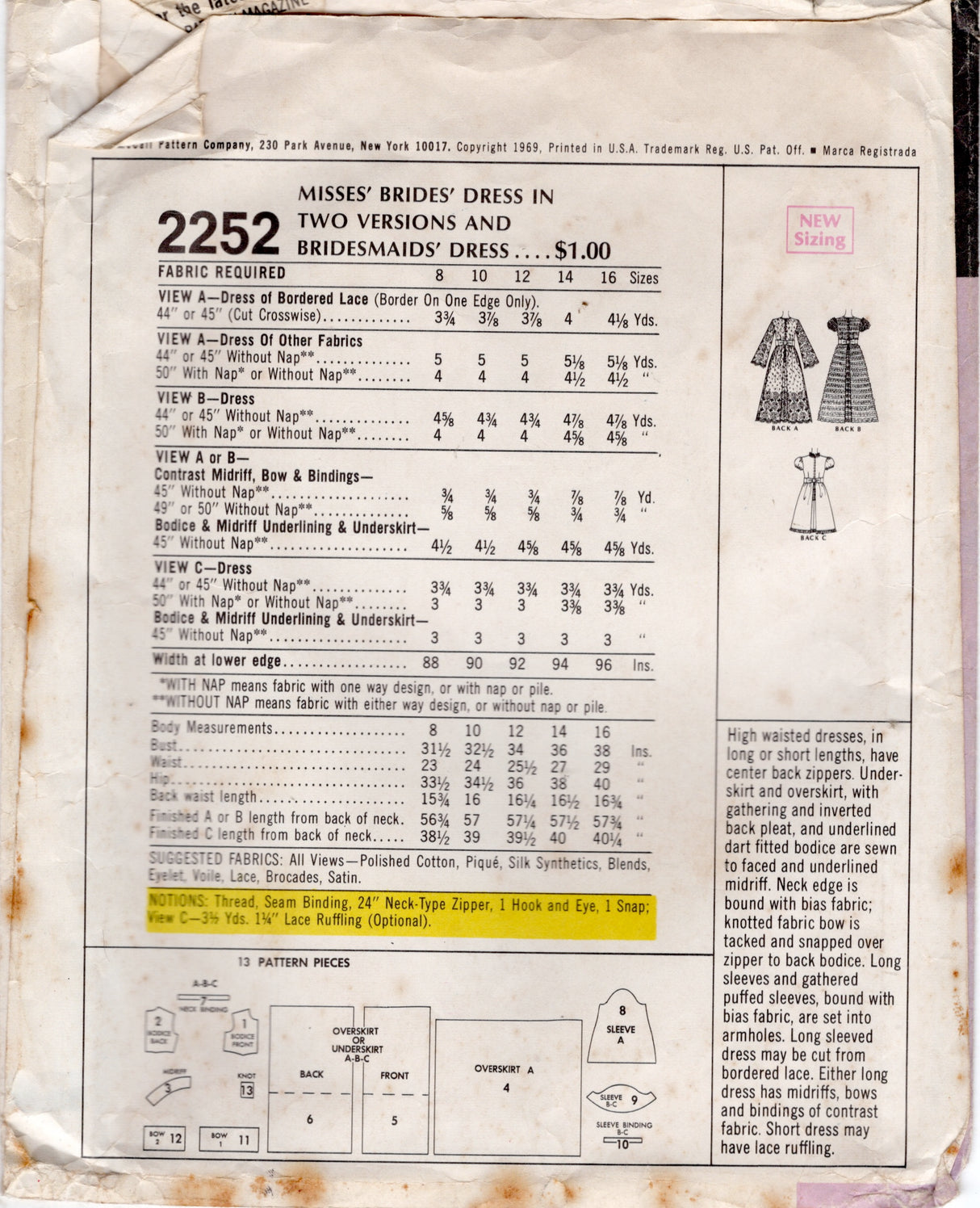 1960's McCall's Empire Waist Wedding or Bridesmaid Dress Pattern - Bust 31.5" - No. 2252