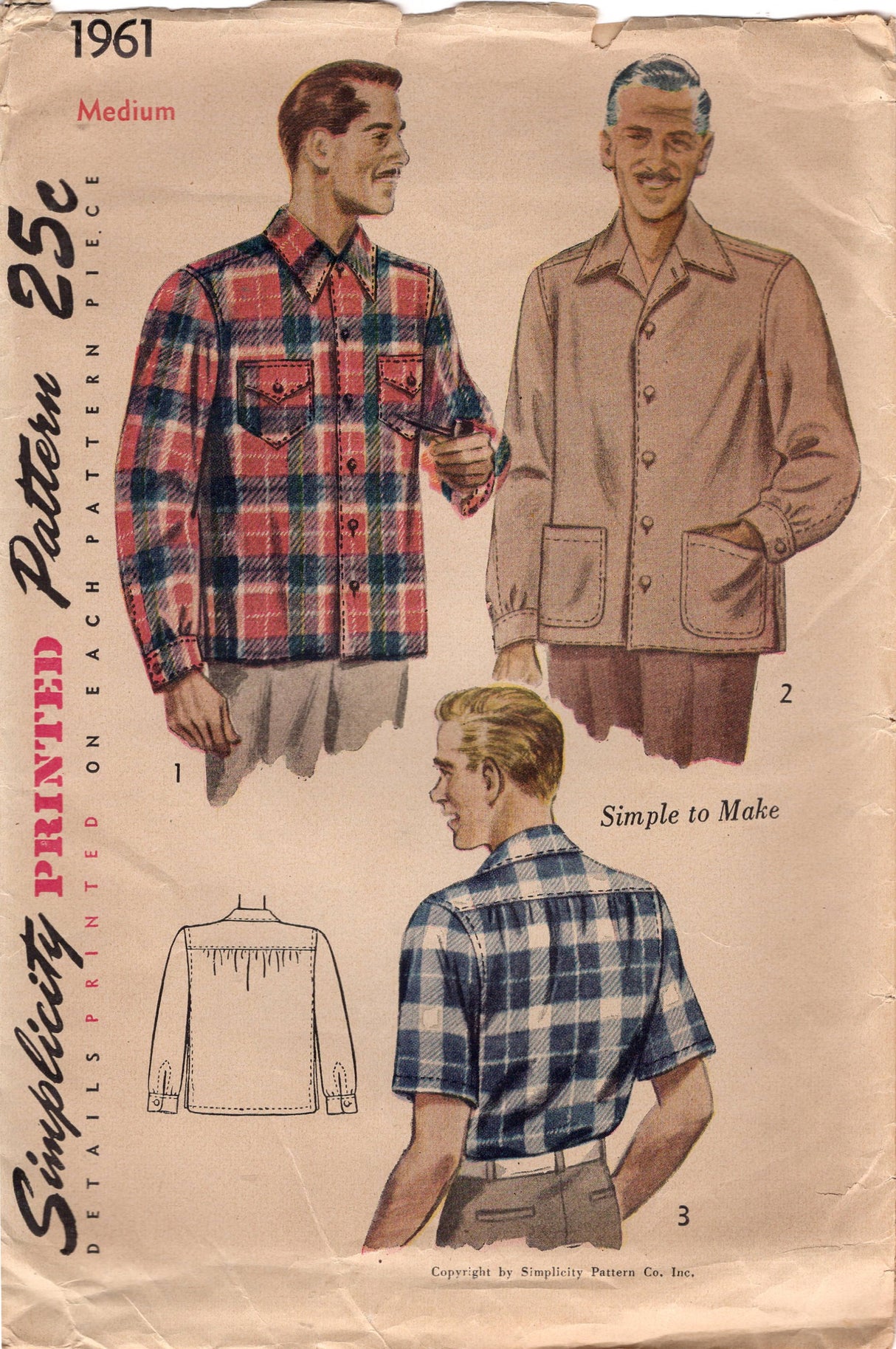 1940's Simplicity Men's Button Up Shirt - Chest 38-40" - No. 1961