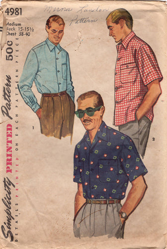 1940's Simplicity Men's Button Up Shirt with Short or Long Sleeves - Chest 38-40