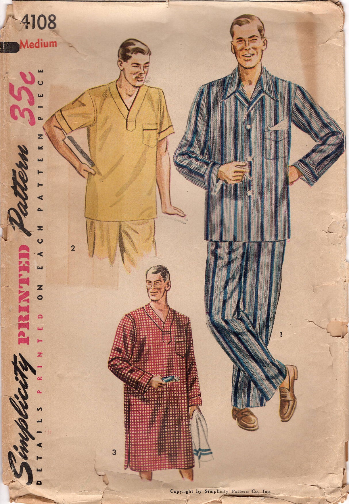 1950's Simplicity Men's Pajama's or Night Shirt - Chest 38-40" - No. 4108