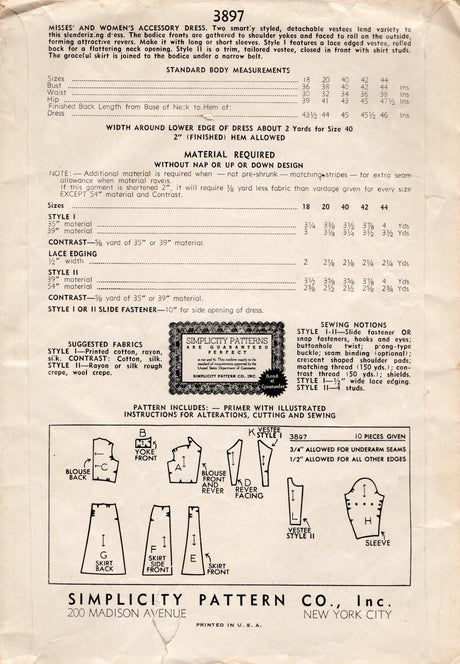 1940's Simplicity One Piece Dress and Vestee Pattern - Bust 38" - No. 3897