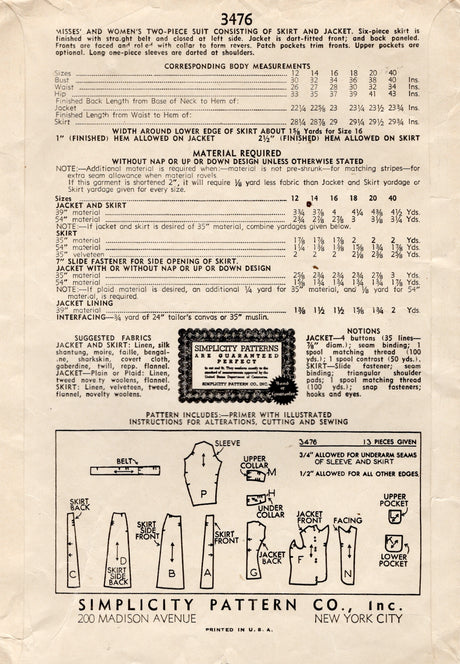 1940's Simplicity Two Piece Suit Dress Pattern - Bust 36" - No. 3476