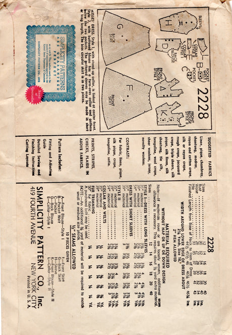 1930's Simplicity Shirtwaist Dress Pattern with Puff or Leg of Mutton Sleeves - Bust 32" - No. 2228