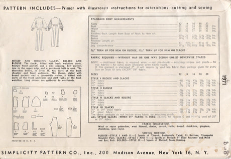 1940's Simplicity Button Up Shirt, Pants and Sleeveless Bolero Jacket Pattern - Bust 32" - No. 1971