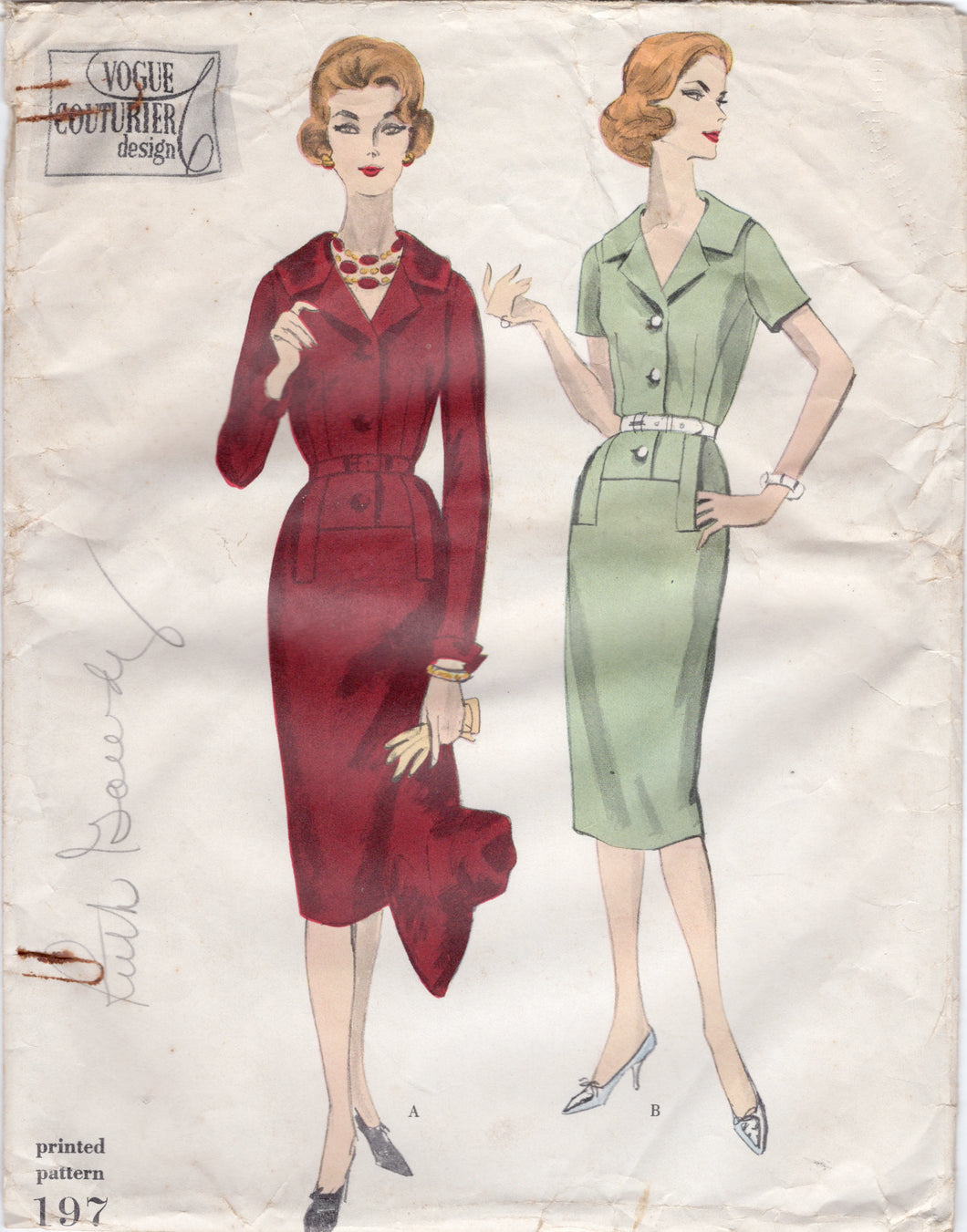 1950's Vogue Couturier Design Sheath Dress Pattern with Pockets - Bust 36