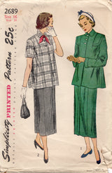 1940's Simplicity Two Piece Maternity Outfit with Jacket and Skirt - Bust 34" - No. 2689