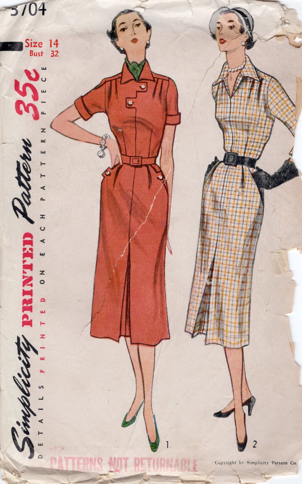 1950's Simplicity Sheath Dress Pattern with Tab Accents and Pockets - Bust 32" - No. 3704