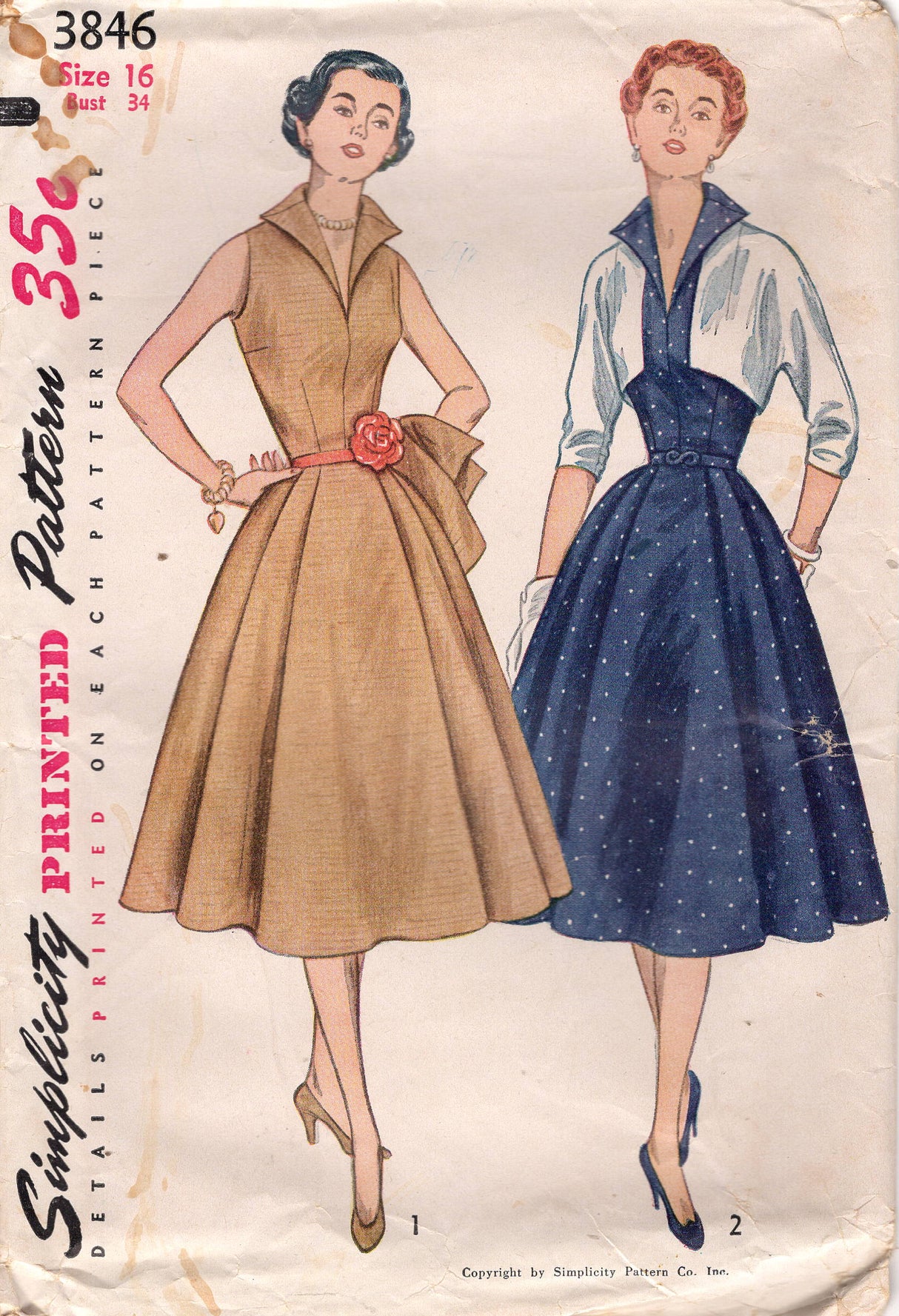 1950's Simplicity One Piece Dress Pattern with Large Collar and Bolero - Bust 34" - No. 3846