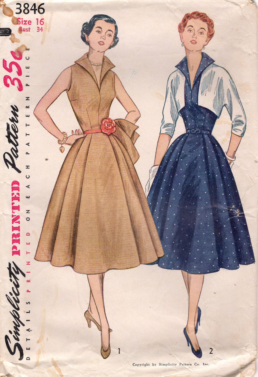 1950's Simplicity One Piece Dress Pattern with Large Collar and Bolero - Bust 34