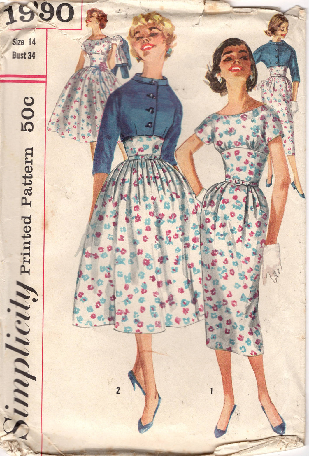 1950's Simplicity Fitted Waist Dress with Pleated Skirt and Bolero pattern - Bust 34