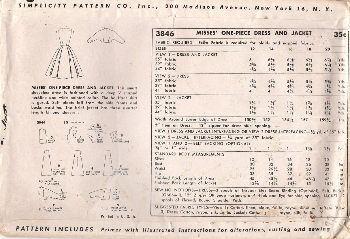 1950's Simplicity One Piece Dress Pattern with Large Collar and Bolero - Bust 34" - No. 3846