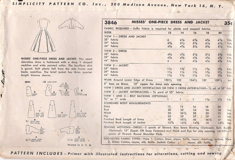 1950's Simplicity One Piece Dress Pattern with Large Collar and Bolero - Bust 34" - No. 3846