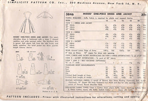 1950's Simplicity One Piece Dress Pattern with Large Collar and Bolero - Bust 34" - No. 3846