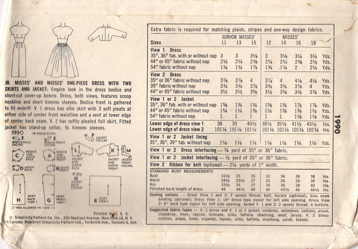 1950's Simplicity Fitted Waist Dress with Pleated Skirt and Bolero pattern - Bust 34" - No. 1990