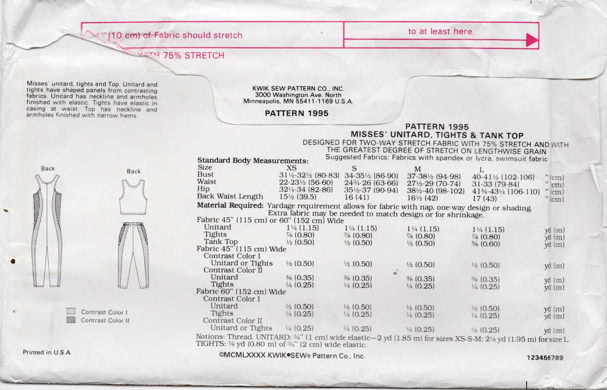 1990's Kwik Sew Unitard, Tights and Tank Top  - Bust 31.5-41.5" - No. 1995