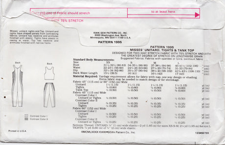 1990's Kwik Sew Unitard, Tights and Tank Top  - Bust 31.5-41.5" - No. 1995