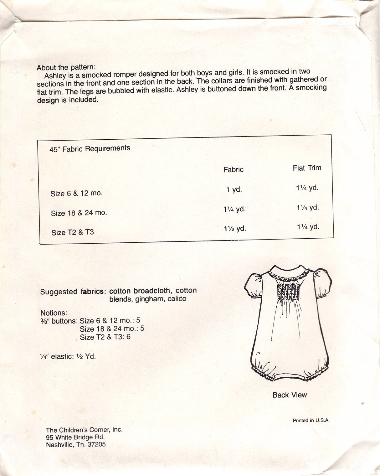 1980's Children's Corner Child's Smocked Romper Pattern with Peter Pan Collar - Size 18-24months  - No. 1A