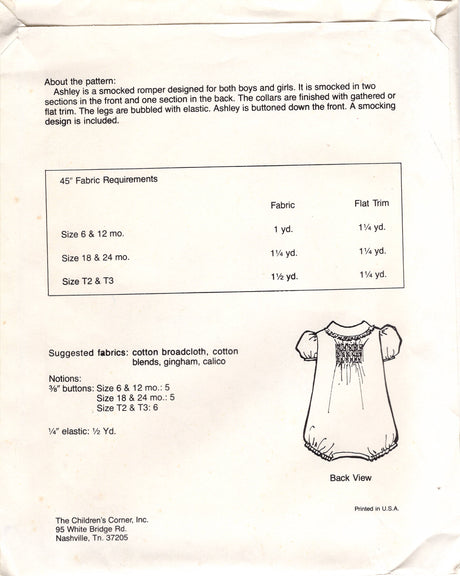 1980's Children's Corner Child's Smocked Romper Pattern with Peter Pan Collar - Size 18-24months  - No. 1A