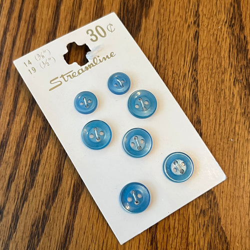 1970’s Streamline Plastic Buttons - Light Blue - Set of 7 - 1/2” and 3/8” -  on card