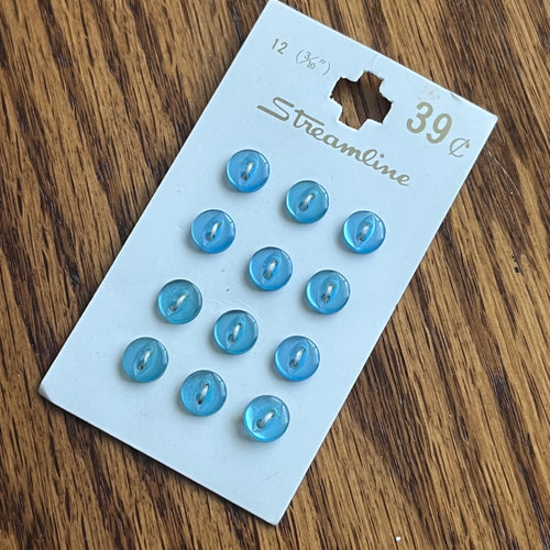 1970’s Streamline Plastic Buttons - Light Blue - Set of 12 - 3/10” -  on card