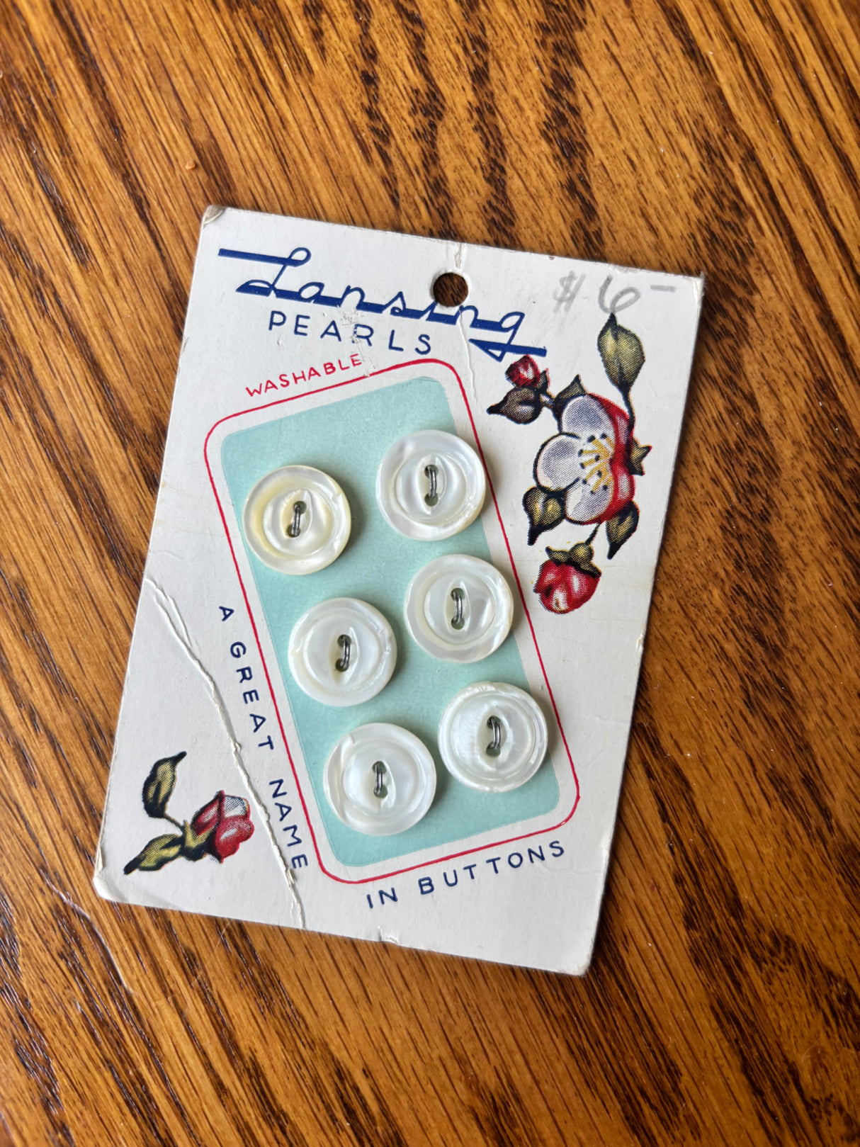 1940’s Lansing Pearl Buttons - Opaque - Set of 6 - 9/16" -  on card