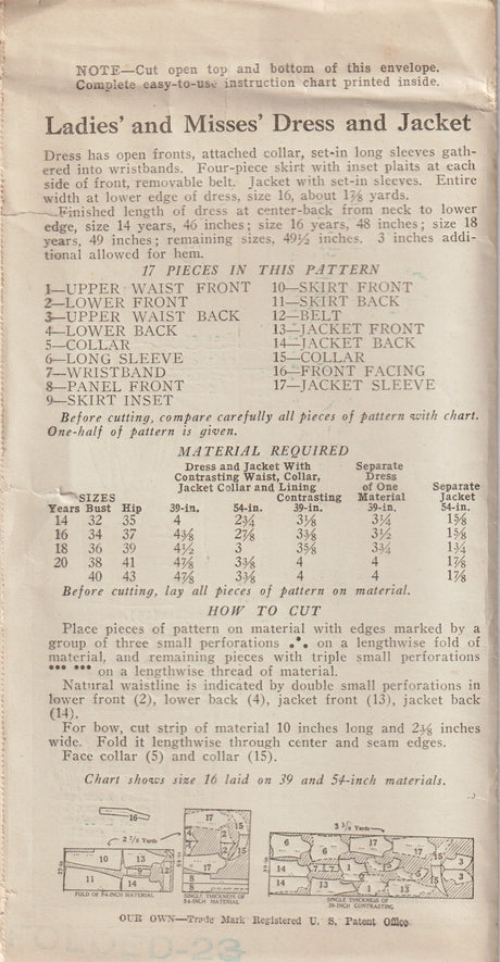 1930's New York (Our Own) Raised Waist Shirtwaist Dress and Jacket Pattern - Bust 34" & 36" - No. 200