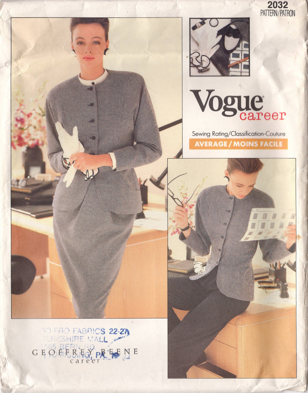 1980's Vogue Career Button Jacket, pants and Straight Skirt Pattern - Bust 34-38