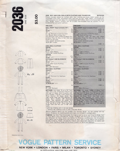 1980's Vogue Peter 'n Polly Soft Doll and Clothing Pattern - 24" doll - No. 2036