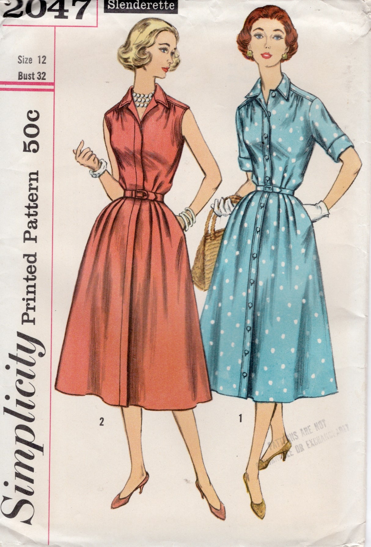 1950’s Simplicity Fit and Flare Dress with Button Front - Bust 32” - No. 2047