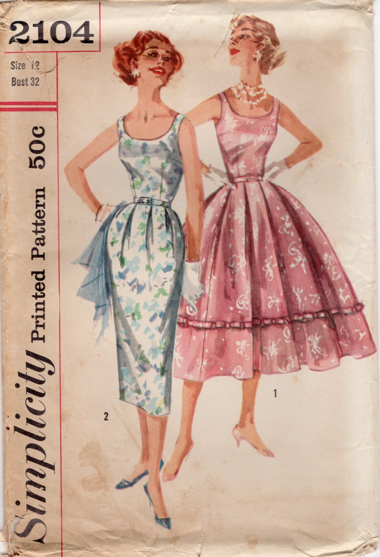 1950’s Simplicity Wiggle or Fit and Flare Dress with Pleated Skirts - Bust 32” - No. 2104