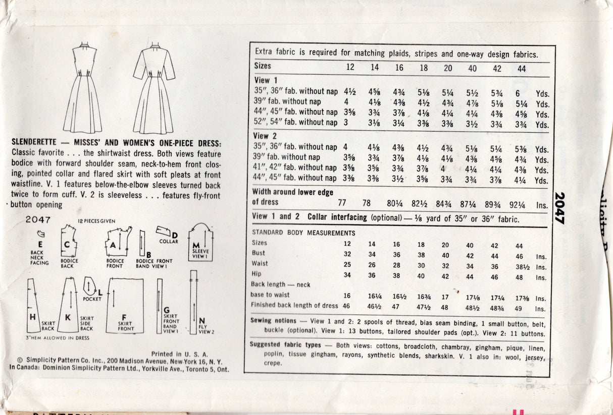 1950’s Simplicity Fit and Flare Dress with Button Front - Bust 32” - No. 2047