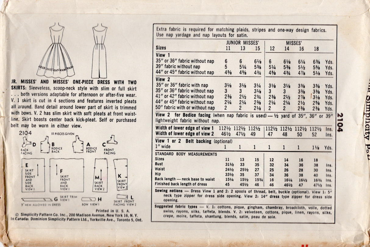 1950’s Simplicity Wiggle or Fit and Flare Dress with Pleated Skirts - Bust 32” - No. 2104