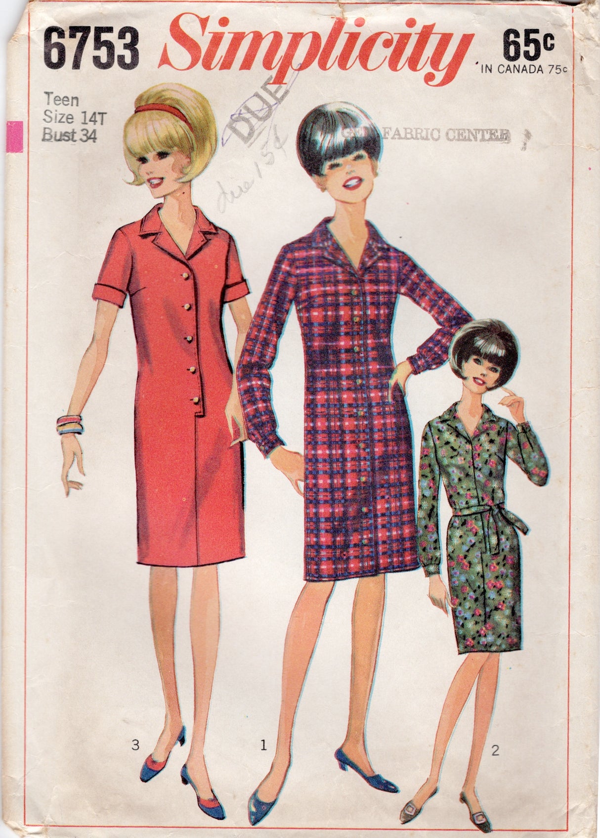 1960's Simplicity Teen One Sheath Button Up Dress pattern - Bust 34" - No. 6753