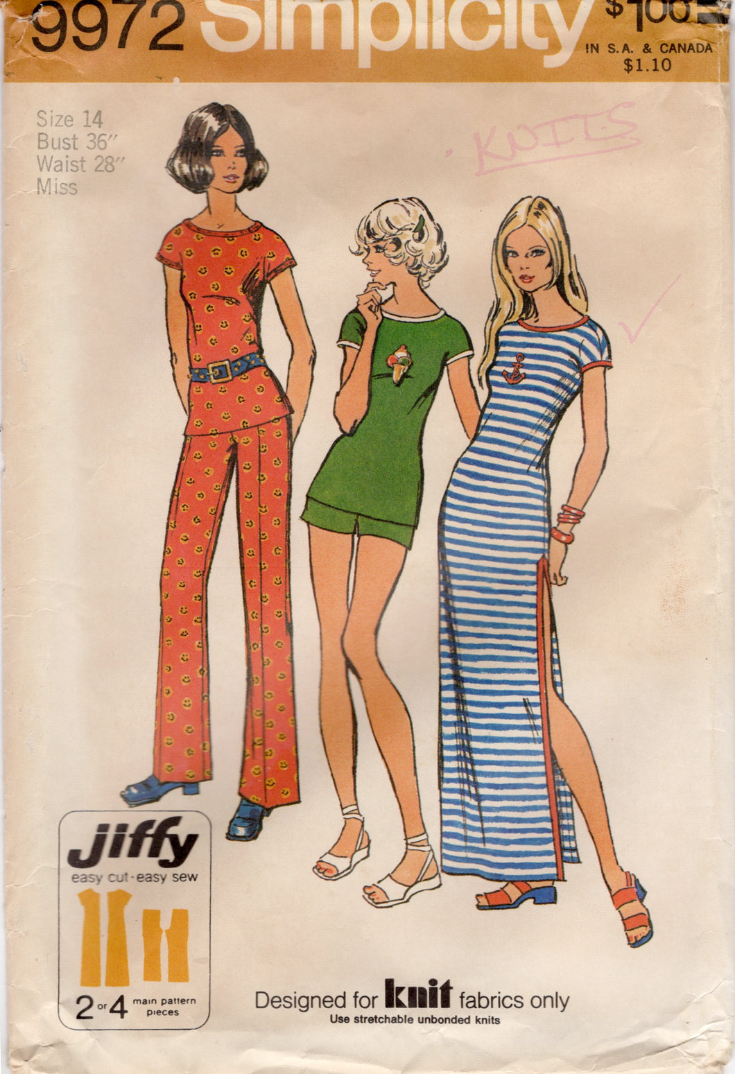 1970's Simplicity Jiffy One Piece Dress Tunic or Maxi Dress and Pants or Shorts pattern - Bust 36
