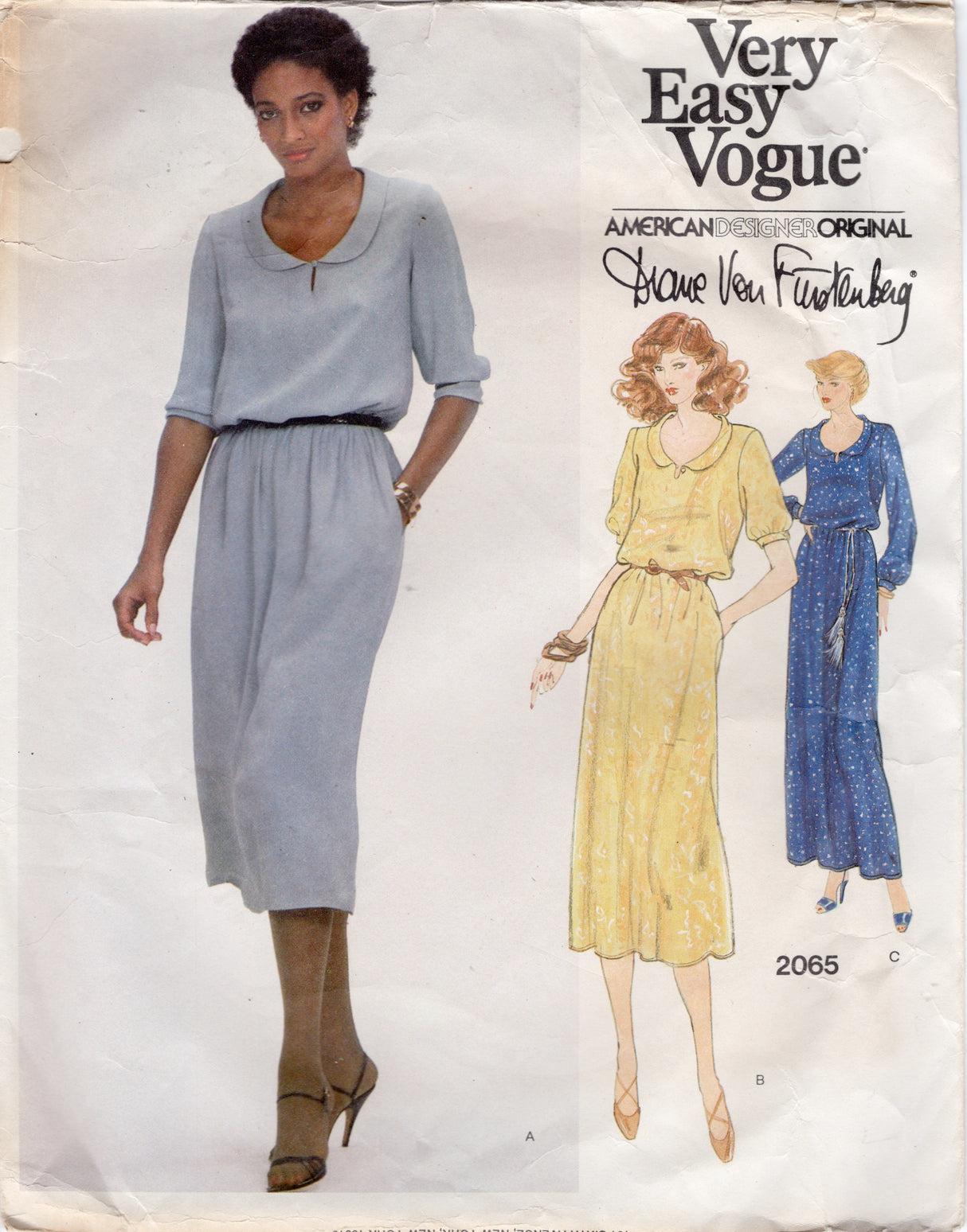 1970's Vogue American Designer Pullover Blousy Dress with Gathered Skirt Pattern - Diane Von Furstenburg- Bust 32.5-36" - No. 2065