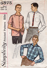 1950's Simplicity Men's Button up Contour Shirt with Chest pockets and Two Sleeve lengths - Chest 34" - No. 3875