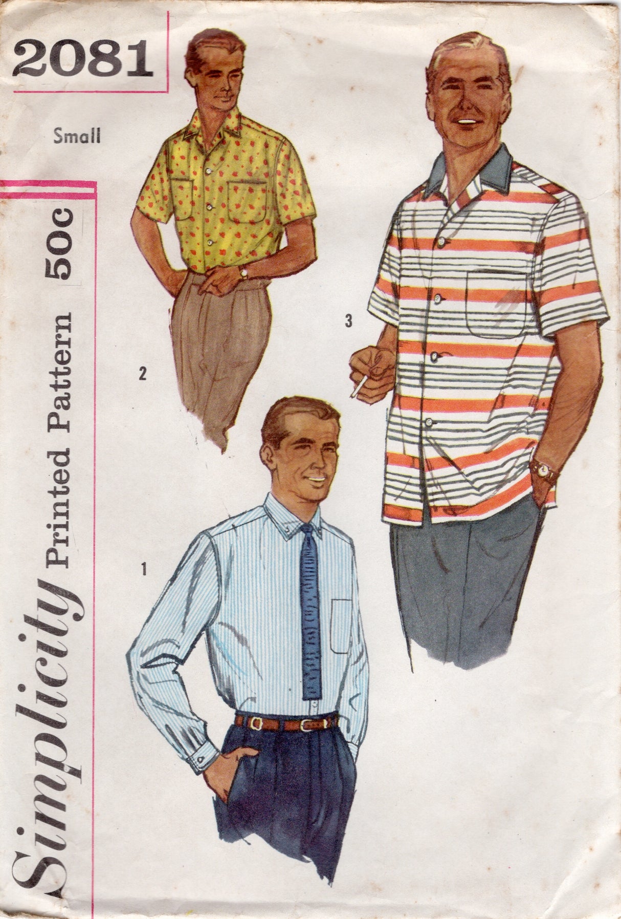 1950's Simplicity Men's Button up Shirt with Two Chest pockets and Two Sleeve lengths - Chest 34-36" - No. 2081